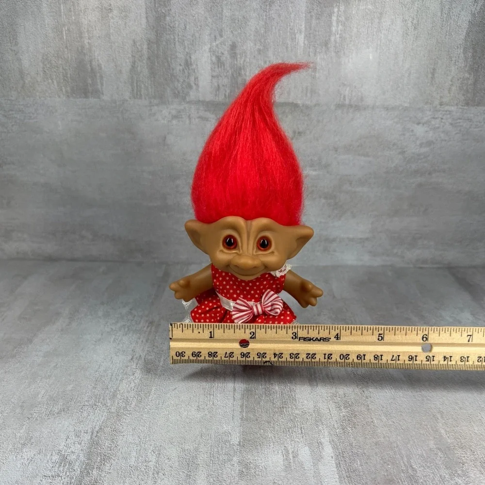 Vintage Ace Novelty Treasure Troll Red Hair Red Gem Polka Dot Dress 3.75